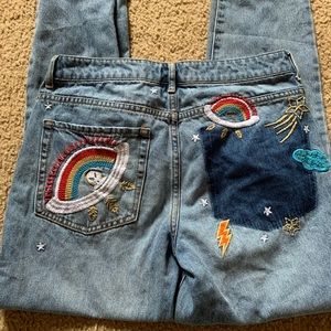 Forever 21 UFO Alien Rainbow Embroidered Jeans
